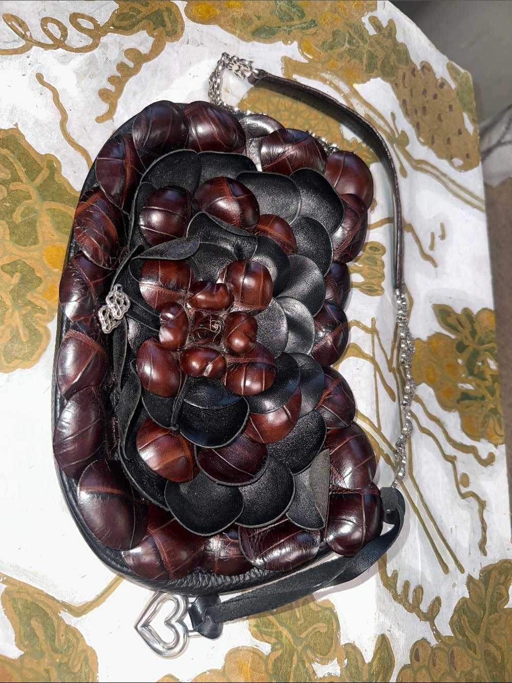 Brighton Brown and Black Floral Leather Crossbody Bag